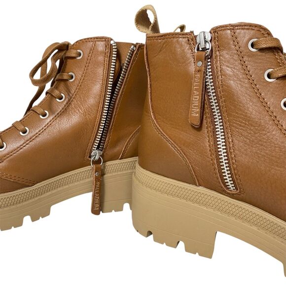 NEW $129 Sundance Palladium Mid Combat Boots Tan Leather Side Zip Chunky Sole 10 - Picture 6 of 14